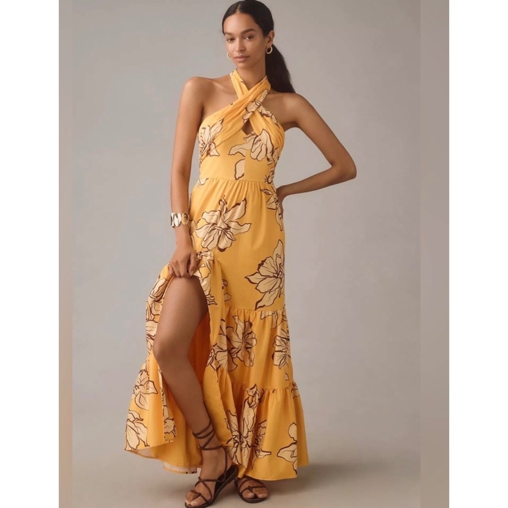 Hutch Maxi Dress Women 4 Yellow New Floral Halter Tiered Slit Anthropologie
